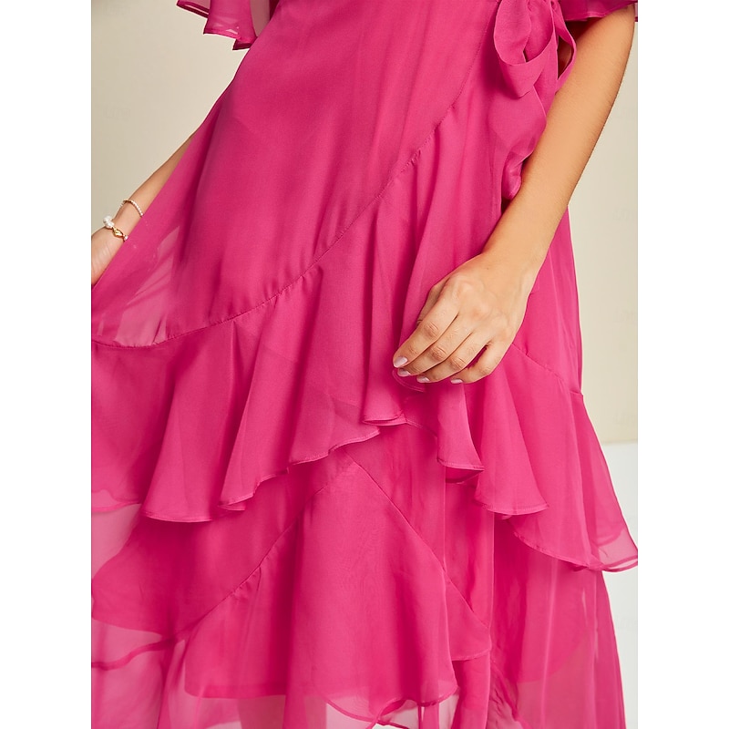 Pink Chiffon Wedding Guest/Party Solid Ruffle Sleeve Elegant Maxi Dress dress to impress 20243