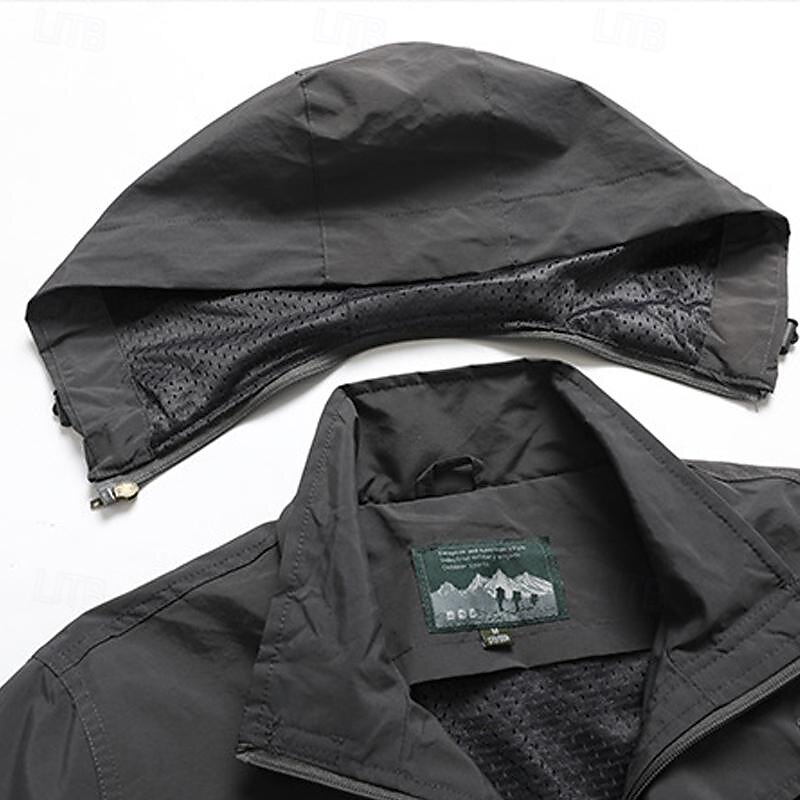 Men's Outdoor Jacket Transition Jacket Hiking Removable Multiple Pockets All Seasons Plain Casual Hooded Regular Black Khaki Dark Blue Gray Jacket 17