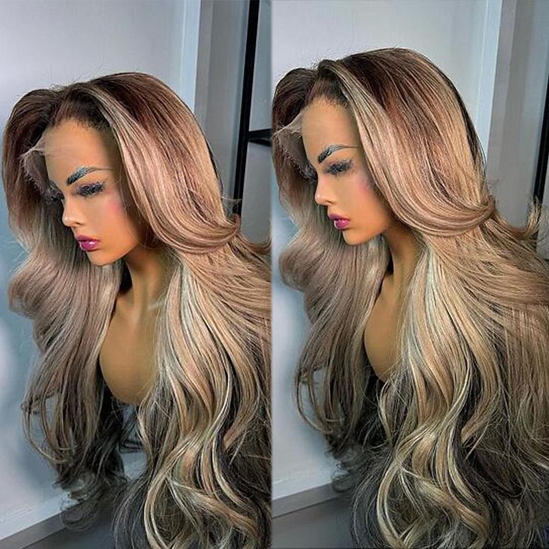 Remy Human Hair 13x4 Lace Front Wig Free Part Layered Haircut Brazilian Hair Wavy Multi-color Wig 130% 150% Density Highlighted / Balayage Hair 100% Virgin Glueless Pre-Plucked For Women Long Human3