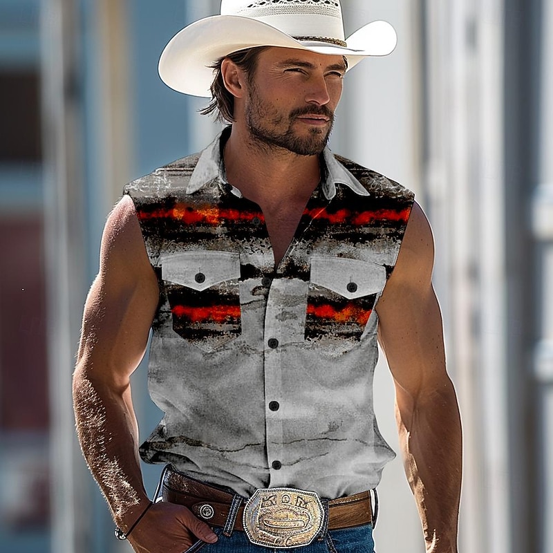 Men's Striped Shirt Western Shirt Cowboy Shirt Sleeveless Western Style Outdoor Work Causal Summer Spring Shirt Collar Red Blue Khaki Gray4