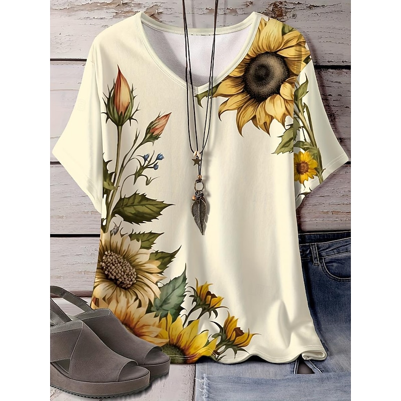 Women's T Shirt Casual Sunflower Print Short Sleeve Regular Tops V Neck Daily off-white Summer