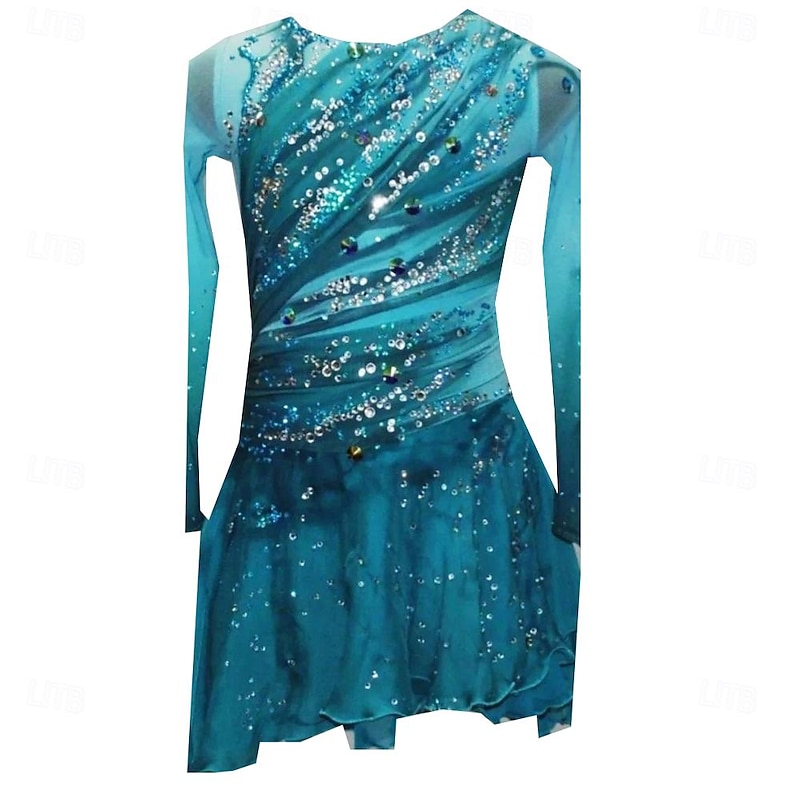 Figure Skating Dress Women's Ice Skating Skirt Dress Green Thumbhole Open Back Spandex High Elasticity Professional Competition Skating Wear Thermal Warm Classic Crystal / Rhinestone Long Sleeve Ice