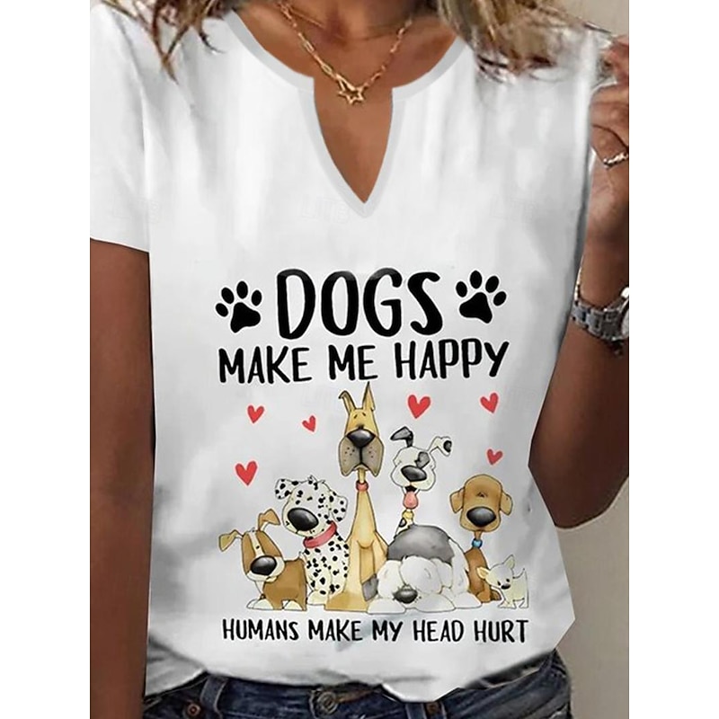 Women's T Shirt Henley Shirt Basic Dog Letter Print Short Sleeve Regular Tops Round Neck Daily Weekend Black White Red3