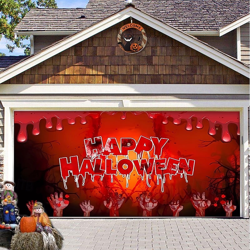 Halloween Door Decorations Halloween Garage Door Cover Pumpkins Jack O Lantern Outdoor Banner Ghost Bats Large Backdrop Decoration for Holiday Out door Decorations Door Home Wall Decorations 10