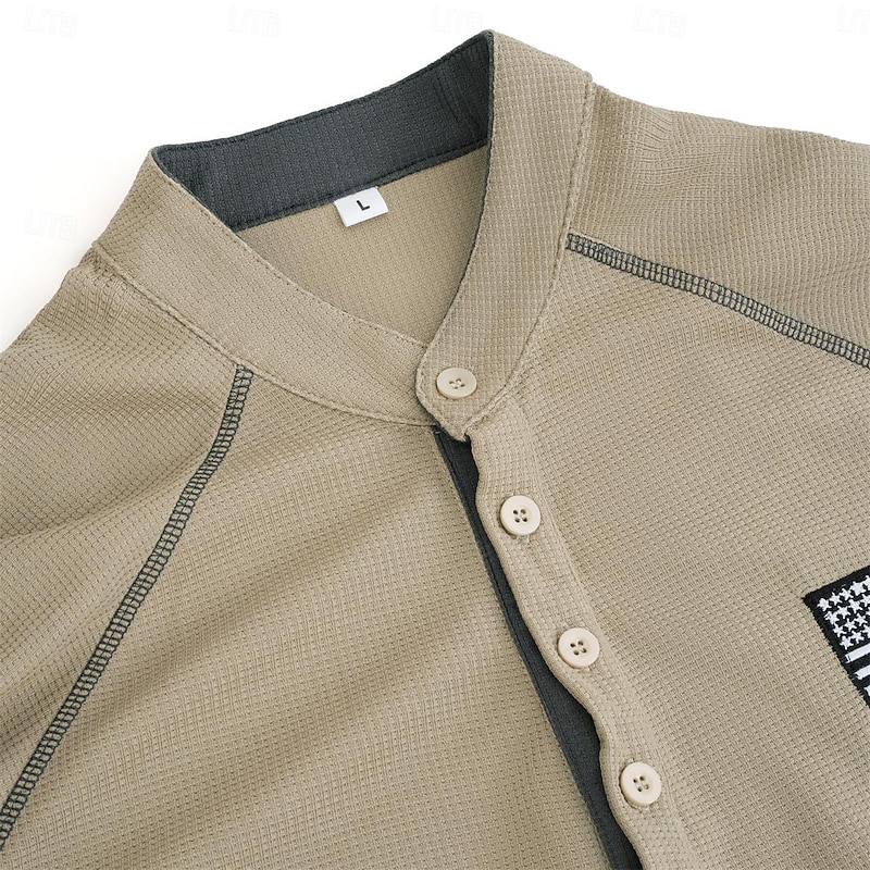 Men's T shirt Tee Henley Shirt Waffle Knit Tee Tee Top Long Sleeve Shirt Color Block National Flag Standing Collar Street Vacation Long Sleeve Patchwork Clothing Apparel Fashion Designer Basic4