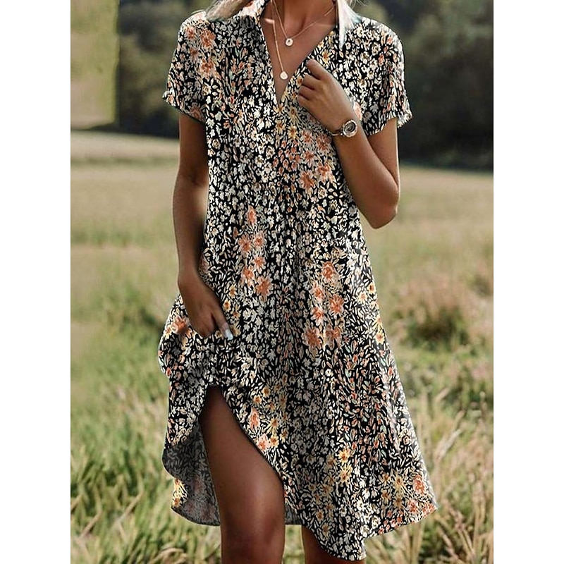 Women's Ditsy Floral Lapel Long Dress Maxi Dress Short Sleeve Summer Spring4