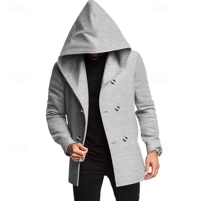 Men's Peacoat Trench Coat Daily Vacation Fall & Winter Polyester Soft Outerwear Clothing Apparel Fashion Classic Plain Pocket Hooded Double Breasted3