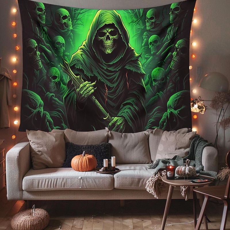 Halloween Decorations Green Skulls Hanging Tapestry Wall Art Large Tapestry Mural Decor Photograph Backdrop Blanket Curtain Home Bedroom Living Room3