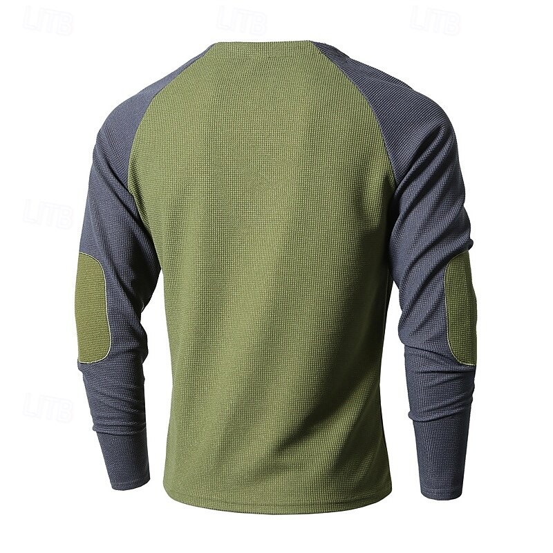 Men's Sweatshirt Army Green Khaki Light Grey Dark Gray Crew Neck Color Block Patchwork Ribbed Textured Sports & Outdoor Daily Holiday Polyester Streetwear Basic Casual Spring &  Fall Clothing Apparel4