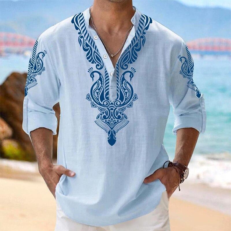 Men's Shirt Button Up Shirt Henley Shirt Long Sleeve Tribal Fashion Casual Vacation Causal Casual Summer Spring &  Fall Mandarin Collar Band Collar Buttons Print White Blue Green4