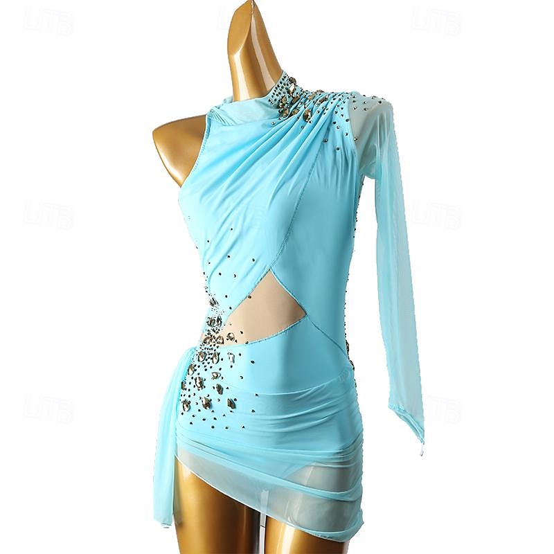 Figure Skating Dress Women's Girls' Ice Skating Dress Violet Sky Blue Patchwork Open Back Mesh High Elasticity Training Competition Skating Wear Classic Long Sleeve Ice Skating Figure Skating3