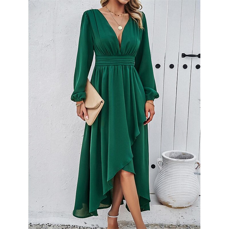 Women's Maxi Dress Casual Dress Cocktail Dress Wedding Guest Dress Chiffon Dress Elegant Maxi Casual Work Street Holiday Regular Fit Long Sleeve V Neck Black Red Navy Blue Green Fall3