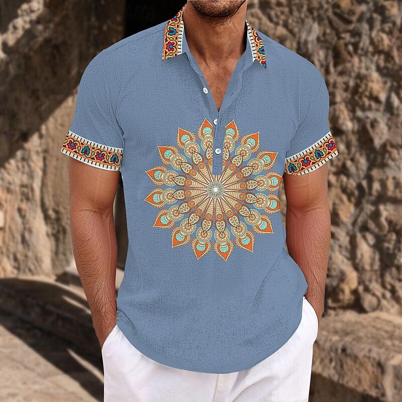 Men's Ethnic Shirt Button Up Shirt Short Sleeve Casual Tribal Daily Holiday Summer Spring Turndown 3D Print Button-Down Red Blue Khaki2