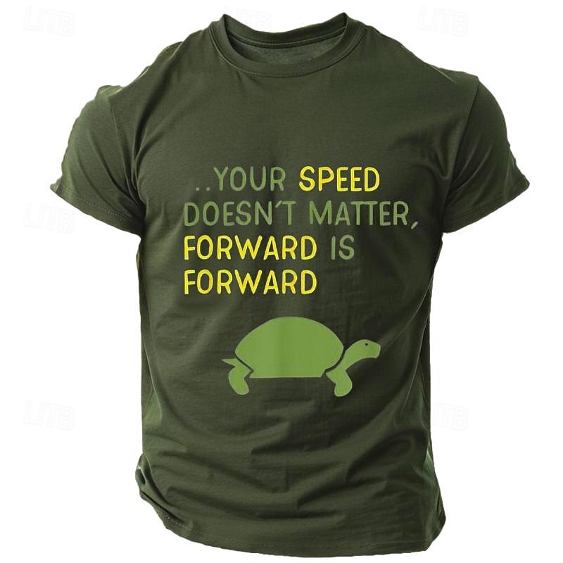 Men's Motivational Turtle Graphic T-Shirt: "Your Speed Doesn't Matter, Forward Is Forward" Inspirational Quote Tee, Olive Green Short Sleeve2