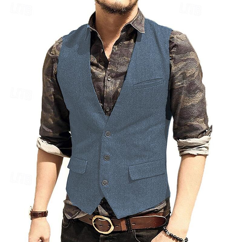 Men's Vest Gilet Wedding Event / Party Daily Fashion Business Spring & Summer Button Pocket Polyester Comfortable Solid Color Single Breasted One-button V Neck Regular Fit Silver Dark Brown Black4