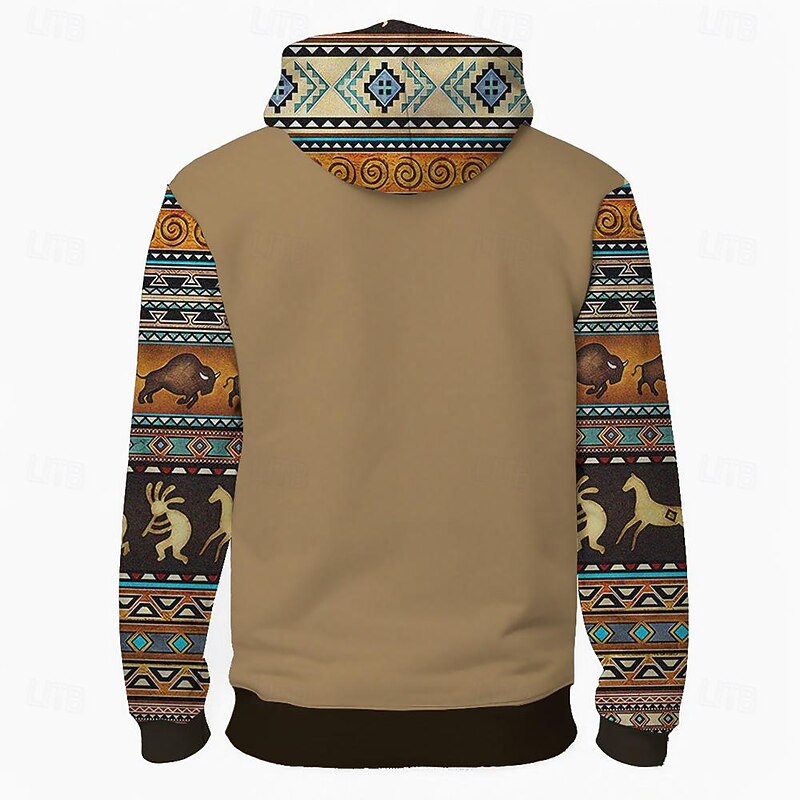 Men's Tribal Hoodie Hoodies Sweatshirt Fashion Cowboy Long Sleeve Crew Neck Brown Fall Winter Designer2