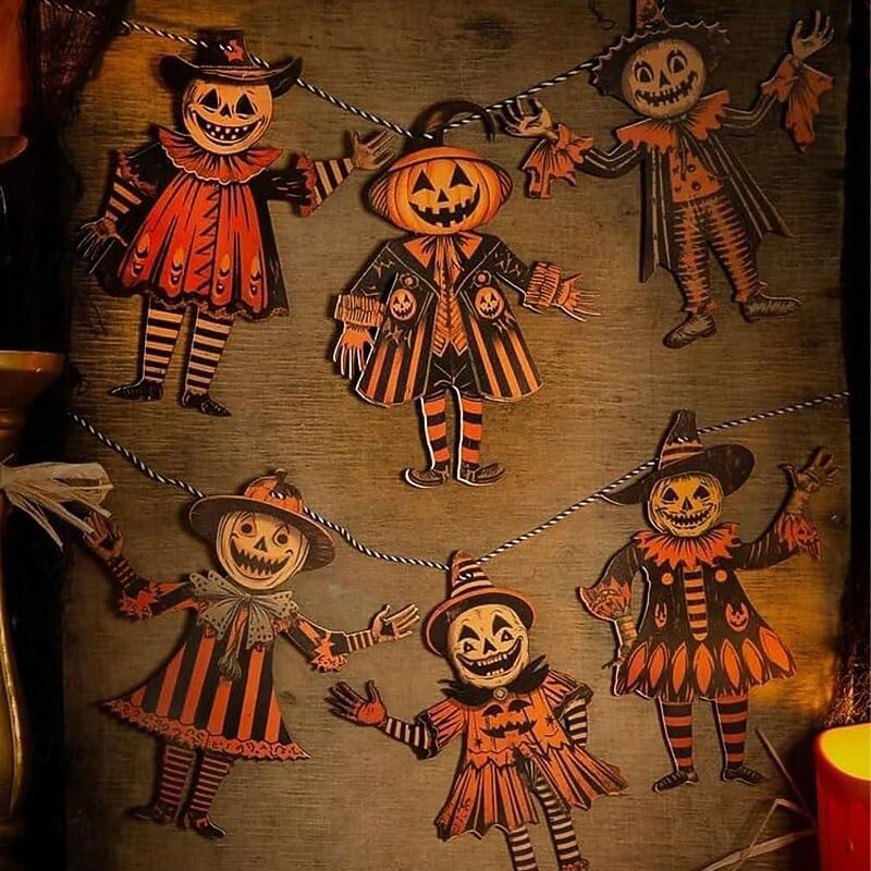 6pcs/set Rustic Halloween Wooden Bunting, Vintage Style Decorations, Halloween Bunting Decorations,6 Flags Witch Banner Pumpkin Theme, Perfect for Party and Wall Decor