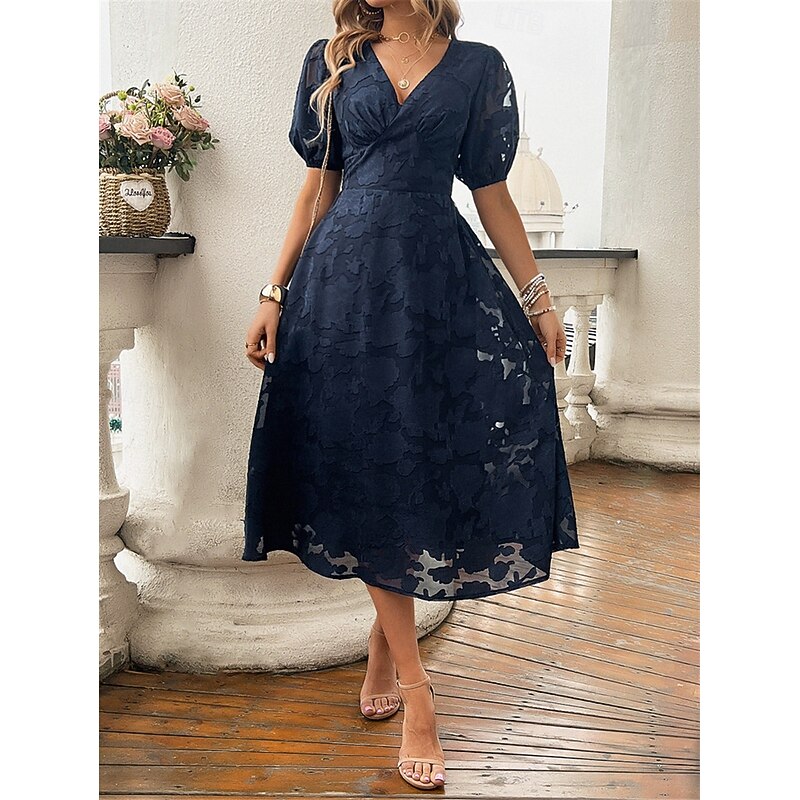 Women's Lace Dress Midi Dress Lace Patchwork Party Wedding Guest Cocktail Party Elegant Streetwear V Neck Short Sleeve Black Red Navy Blue Color2