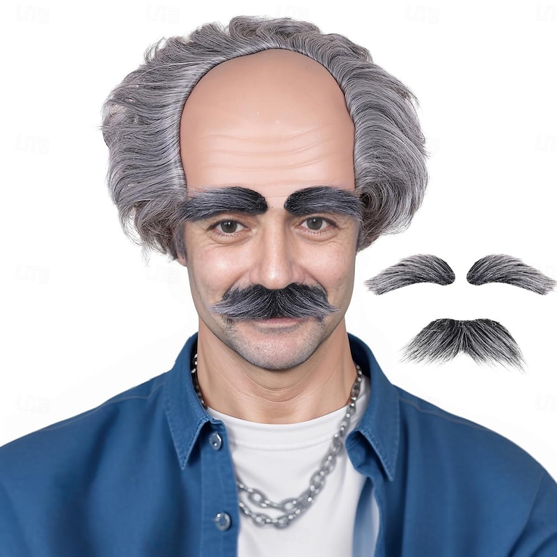 Old Man Bald Cap Grey Wig On Sides Balding Wig Grandpa Carnival Cosplay Costume Wig (Only Wigs)