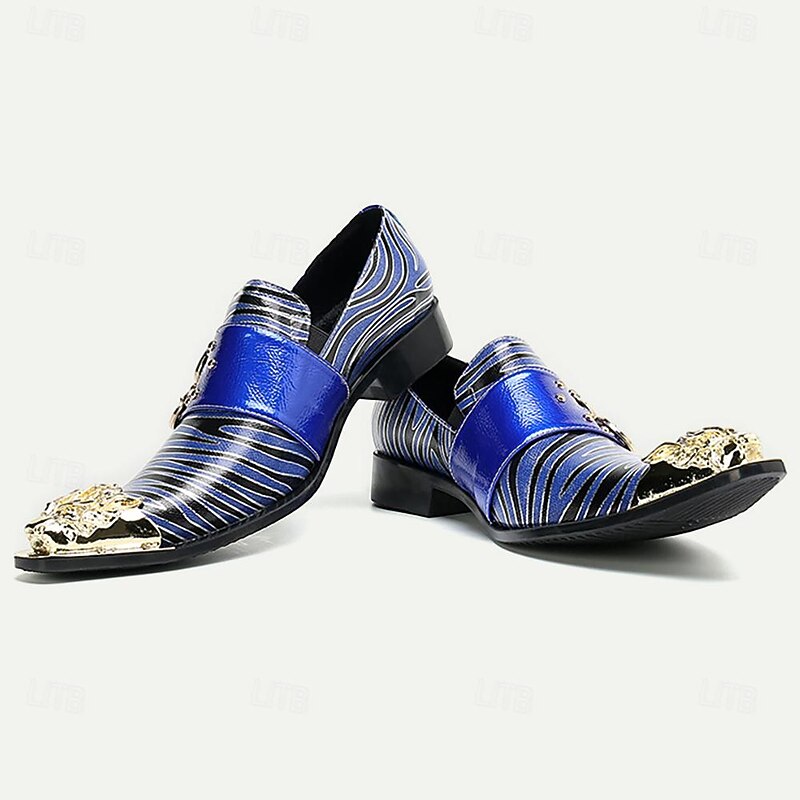 Men's Blue Striped Monk Strap Shoes - Premium Cowhide Leather with Double Buckle and Metal Toe Cap4