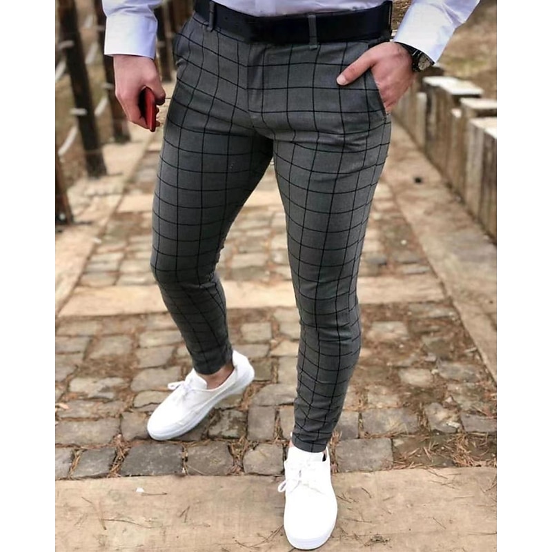 Men's Dress Pants Trousers Chinos Buttons Pocket Plaid Comfort Formal Party Work Fashion Classic Style Black Navy Blue Micro-elastic2