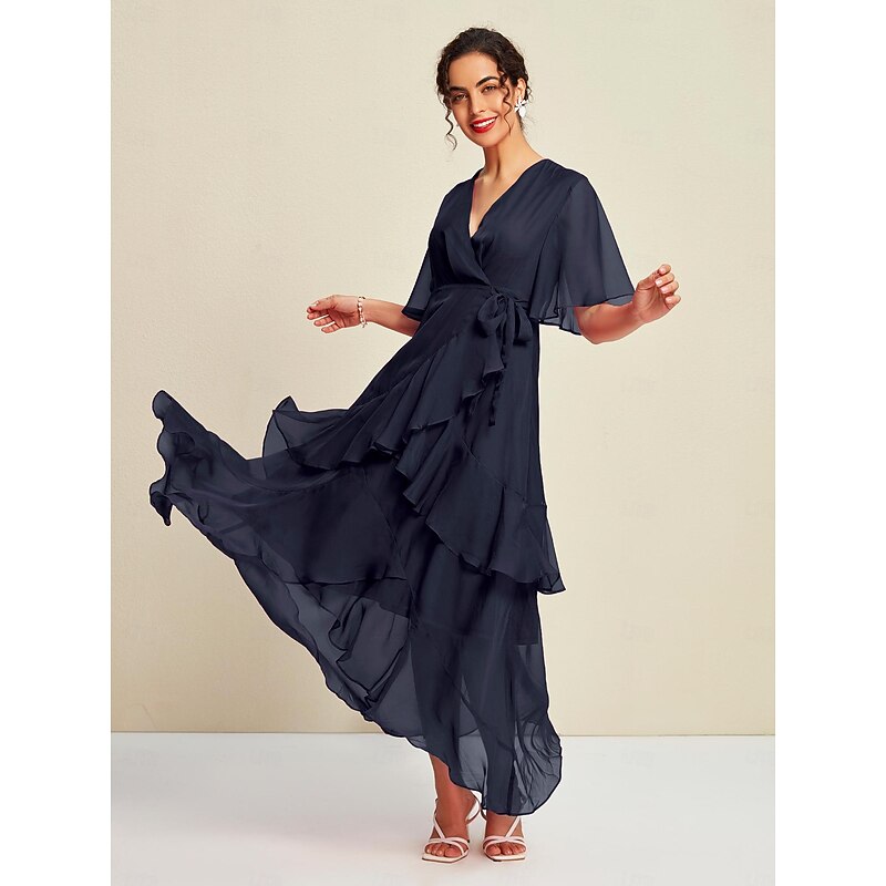 Women's Maxi Dress Chiffon Solid Mismatched Ruffle Sleeve Wedding Guest Elegant Spring Summer Fall2