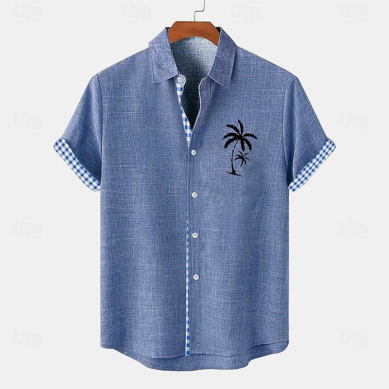 Men's Shirt Linen Shirt Beach Shirt Summer Hawaiian Shirt Coconut Tree Outdoor Vacation Navy Blue Blue Green khaki Short Sleeves Turndown Summer Clothing Apparel