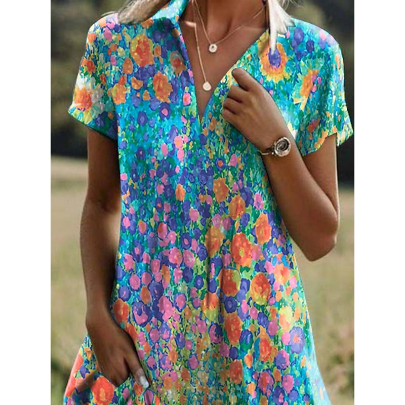 Women's Ditsy Floral Lapel Long Dress Maxi Dress Short Sleeve Summer Spring2