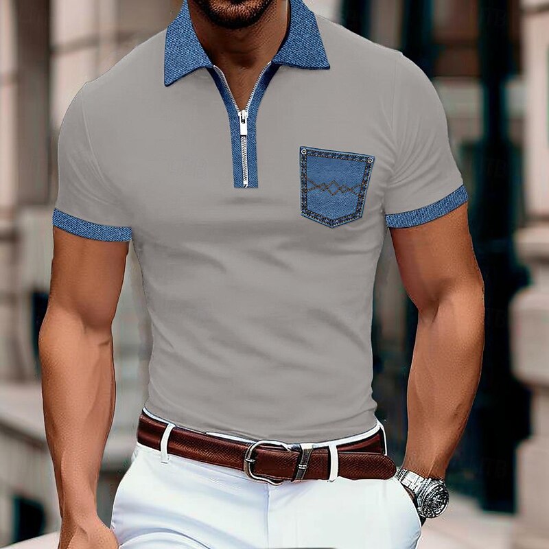 Men's Polo Shirt Golf Shirt Casual Holiday Lapel Quarter Zip Short Sleeve Fashion Basic Color Block Quarter Zip Summer Regular Fit Light Blue Black White Khaki Dark Grey Polo Shirt2
