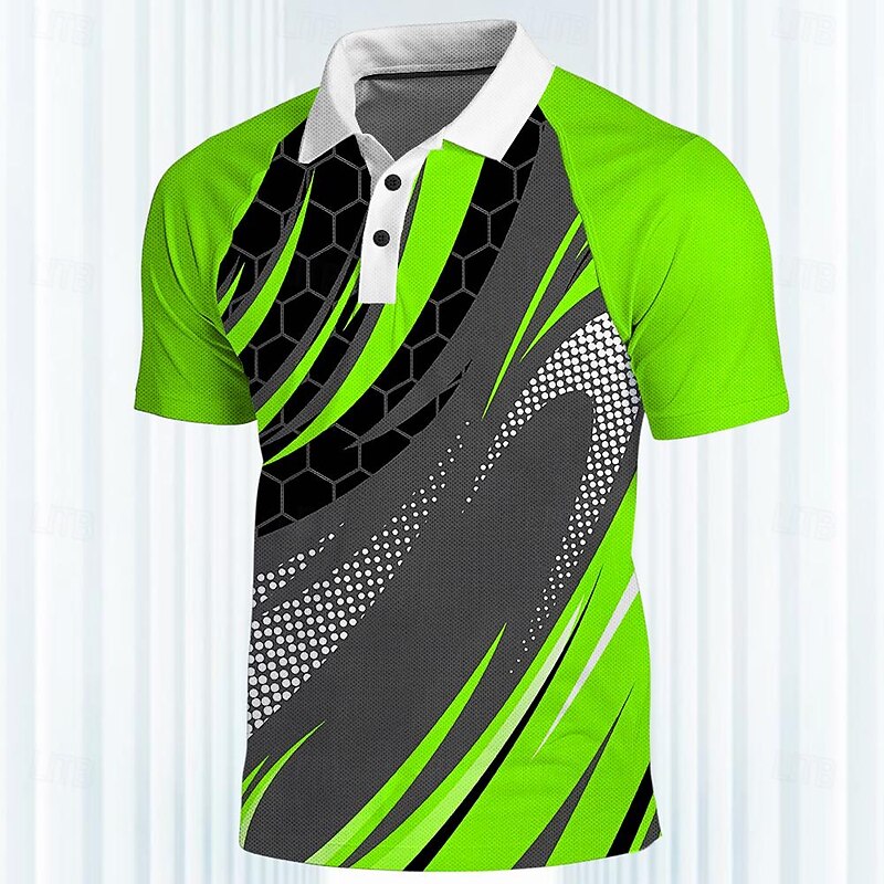 Men's Striped Sports Polo Shirts Golf Shirt Short Sleeve Polo Shirts Collared Shirts Casual Sportswear Vacation Wear 3D Print Buttons Spring & Summer Yellow Green4