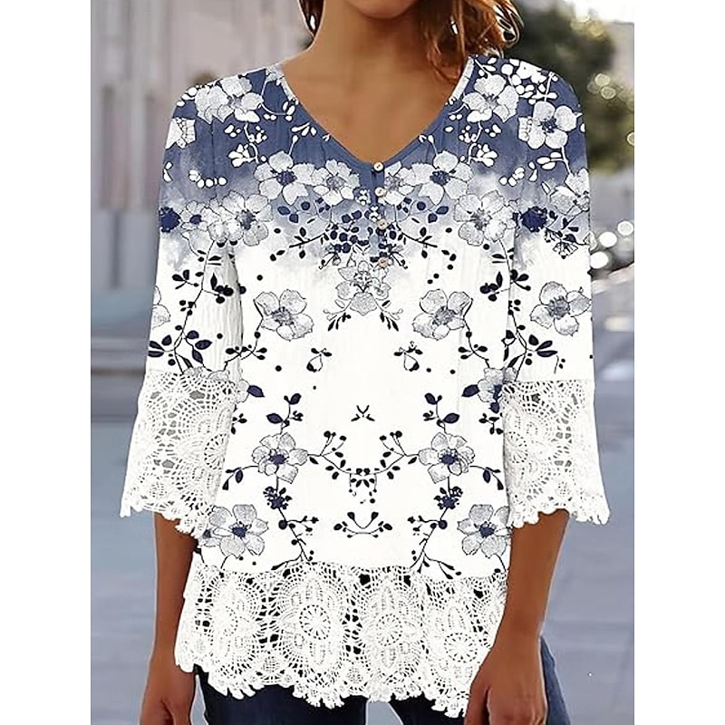 Women's Elegant Lace Tops Eyelet Blouse Casual Ombre Floral Lace Buttons 3 4 Length Sleeve Regular Tops V Neck Daily Romantic Petite Tops Summer Holiday Wear Black Pink Blue Green Spring Fall4