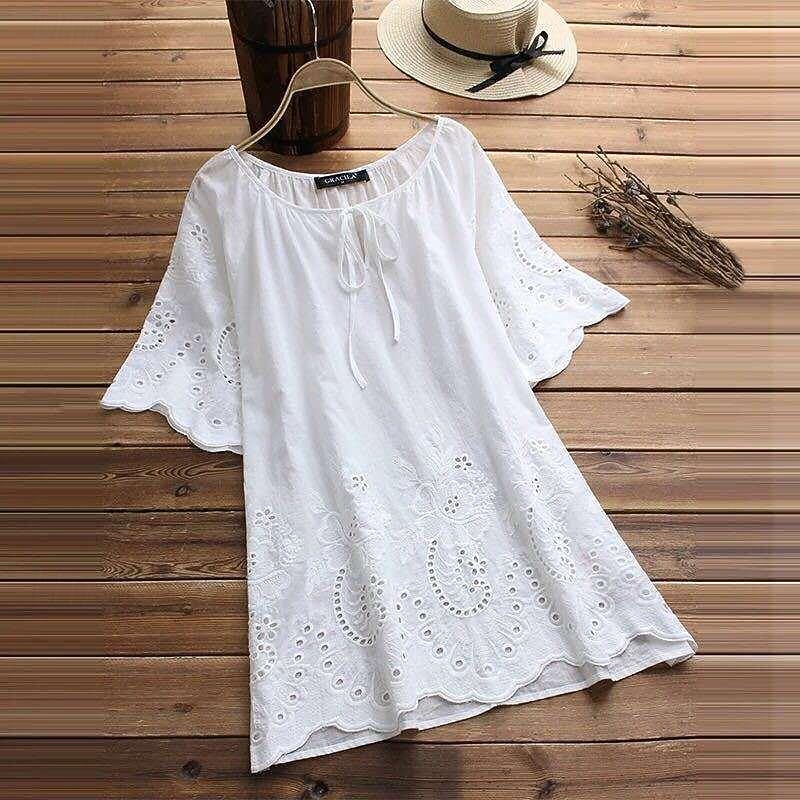 Women's Shirt Linen-Inspired Shirts Blouse Plain Fashion Round Neck Street Daily Lace up Lace White Yellow Pink Green Summer