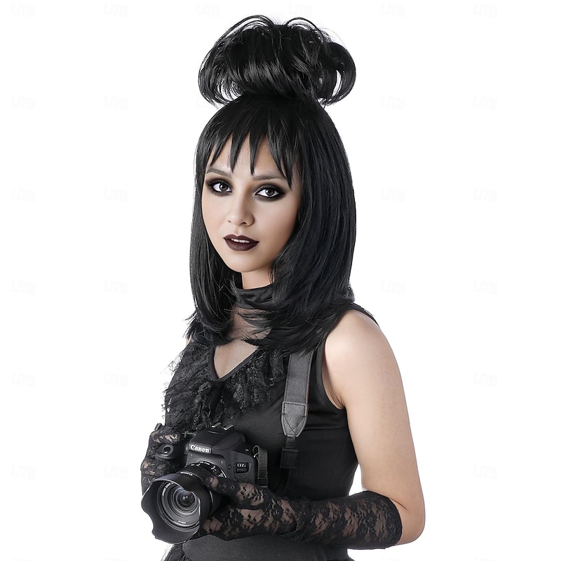 Lydia Deetz Cosplay Costume Party Wig Bride Fluffy Buns curly Women's Black Medium Long straight Beetle Wig with bangs Halloween Costume Accessories (Black/Lydia)3