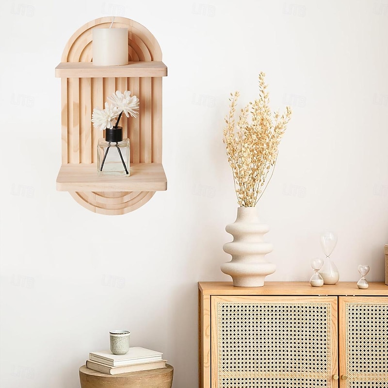 2 Tier Arch Wood Floating Shelf Mid Century Wall Shelves Modern Boho Wall Shelf Retro Wall Mounted Wood Arch Wall Decor for Bedroom  Classroom Bathroom Nursery Display2