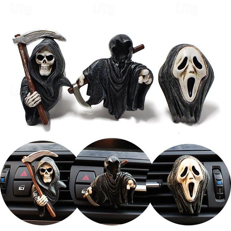 3pcs Halloween Grim Reaper Car Air Freshener Reaper Vent Clip Decoration with Long-Lasting Peach Scent, Spooky Auto Interior Ornament2