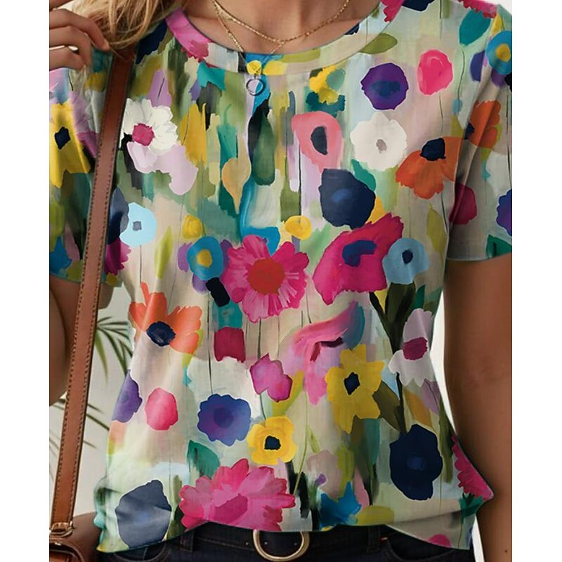 Women's T Shirt Floral Color Block Stylish Casual Short Sleeve Crew Neck Regular Tops Daily Print White Pink Blue Green Rainbow Summer3