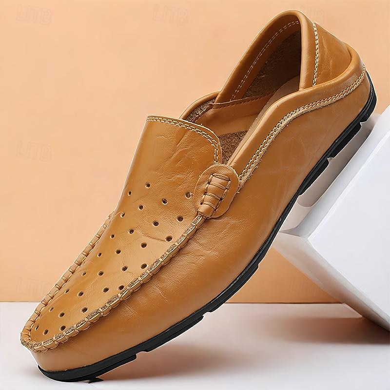 Men's Tan Leather Loafers - Breathable Slip-On Driving Shoes for Casual and Formal Wear