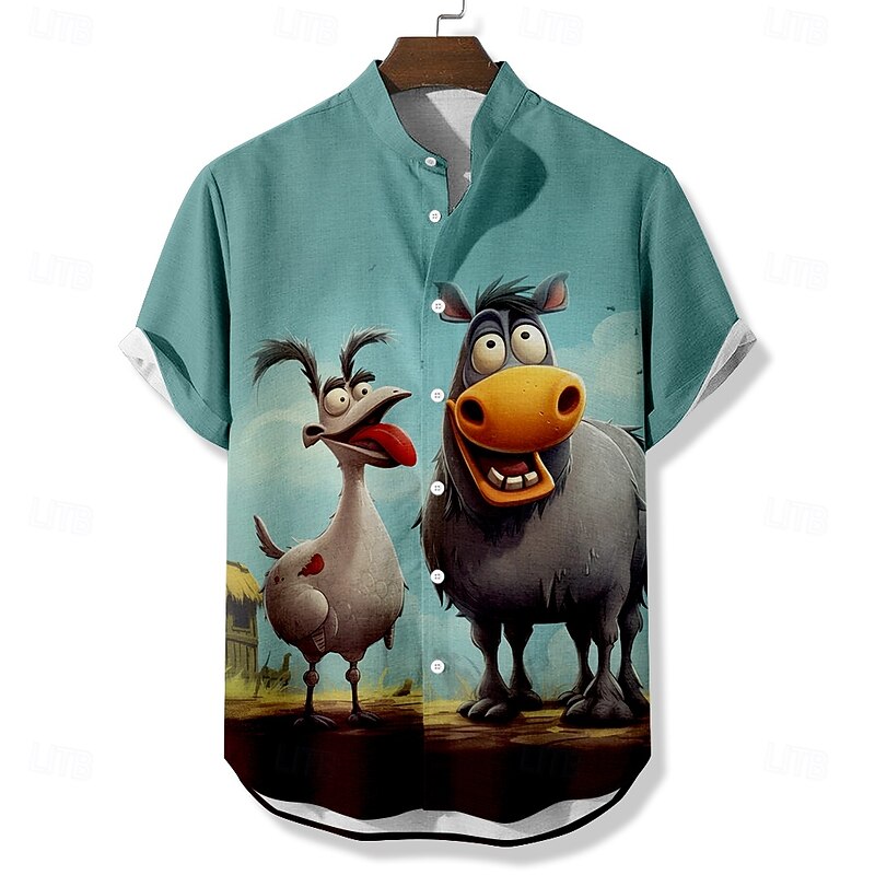 Men's Cartoon Shirt Button Up Shirt Short Sleeve Casual Funny Daily Summer Spring Grandad Collar Band Collar Button Up 3D Print Green
