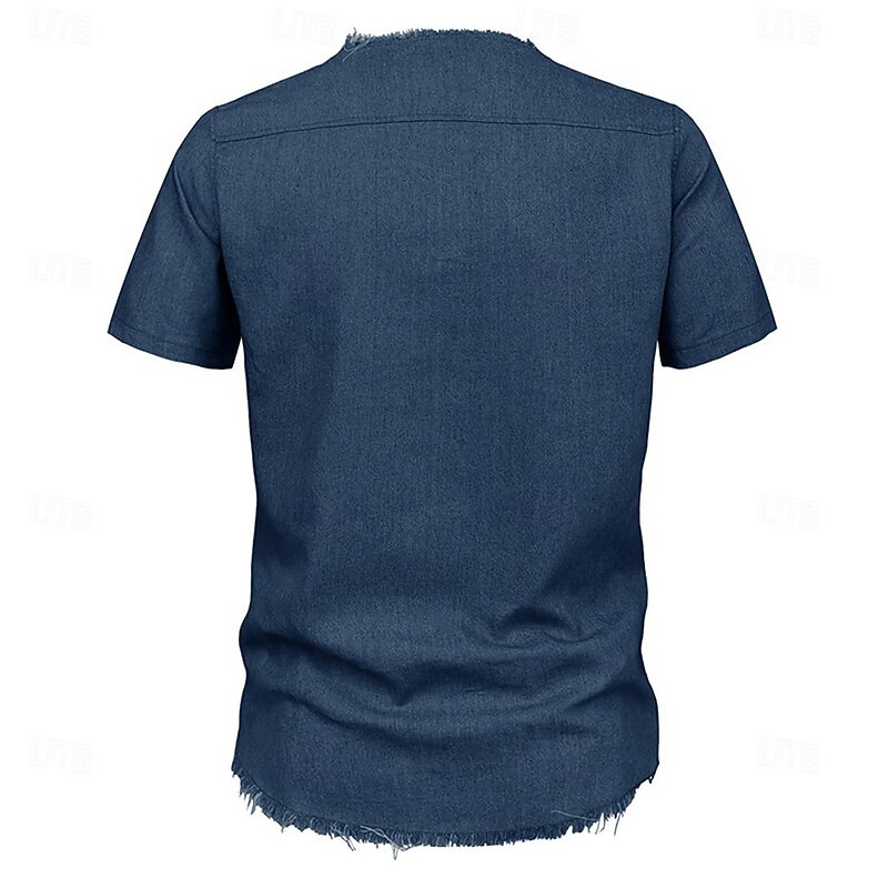 Men's Shirt Chambray Shirt Calico Shirt Summer Shirt Denim Shirt Navy Blue Dark Blue Light Blue Short Sleeve Solid Color Standing Collar Casual Daily Drawstring Clothing Apparel Fashion Casual3