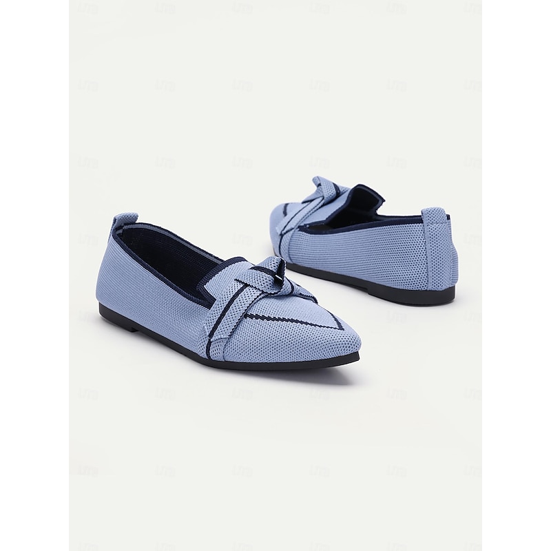Women's Blue Knit Pointed Toe Flats with Bow – Comfortable Slip-On Loafers for Casual and Everyday Wear4