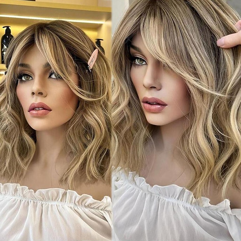 Remy Human Hair 13x4 Lace Front Wig Short Bob Brazilian Hair Wavy Multi-color Wig 130% 150% Density Ombre Hair Highlighted / Balayage Hair 100% Virgin Glueless Pre-Plucked For Women Short Human Hair3