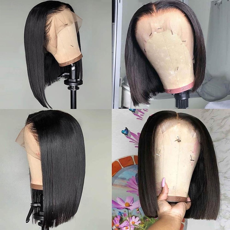 Brazilian Straight Bob Wig Human Hair 14 inch 13x4 HD Lace Front Wigs 180 Density Glueless Pre Plucked with Baby Hair 180% Density Glueless Short Human Hair Wigs for Black Women Natural Color3
