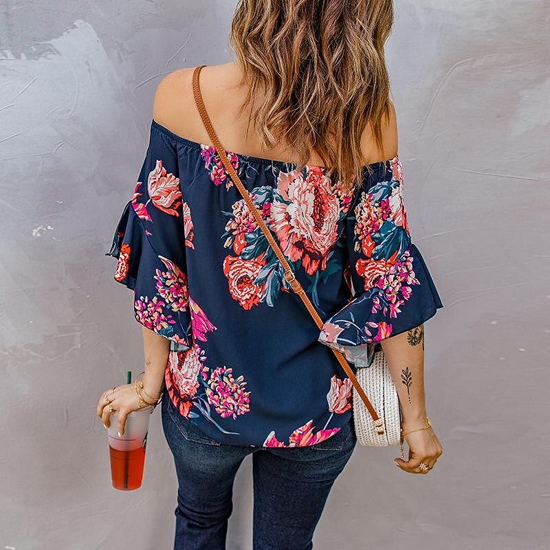 Women's Shirt Blouse Floral Striped Casual Half Sleeve Off Shoulder Regular Tops Vacation Daily Lace up Print Blue Spring & Summer4