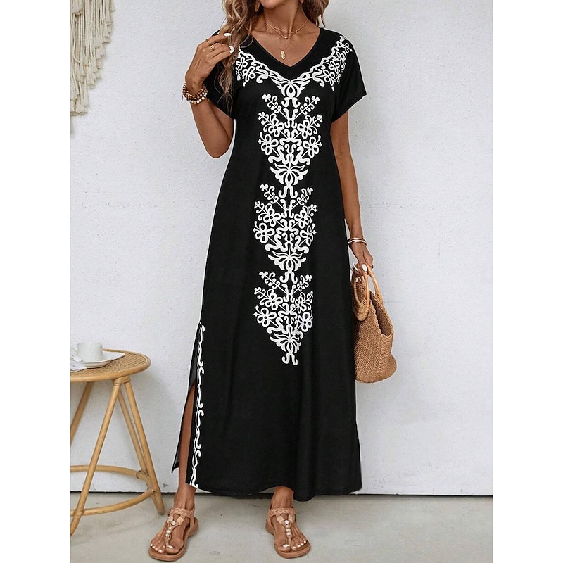 Women's Maxi Dress Sundress Shift Dress A Line Dress Ethnic Casual Drop Shoulder Daily Loose Fit Graphic Short Sleeve V Neck Black Summer