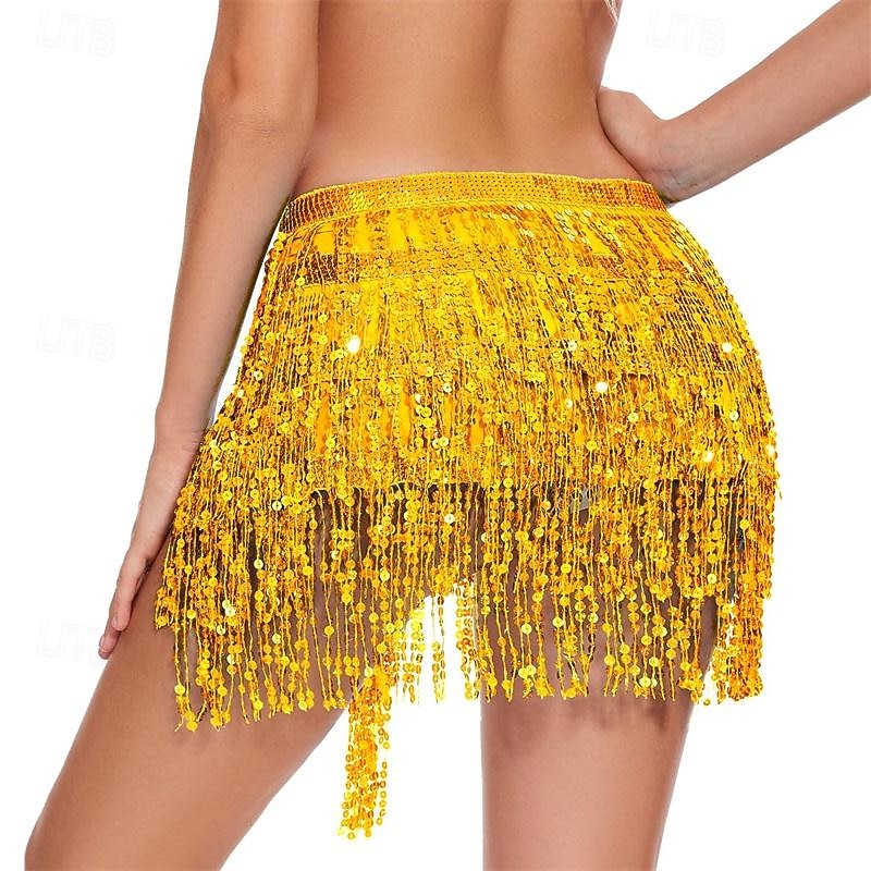 Sequin Skirt Fringe Wrap Skirts Sparkly Belly Dance Hip Scarf Tassel Skirt Party Rave Costume for Women Girls
