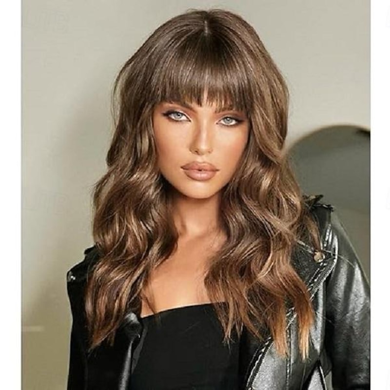 Ombre Blonde Wig with Bangs Blonde Highlight Wavy Wigs for Women Shoulder Length Curly Synthetic Hair Wig for Party Daily Use Halloween Wigs