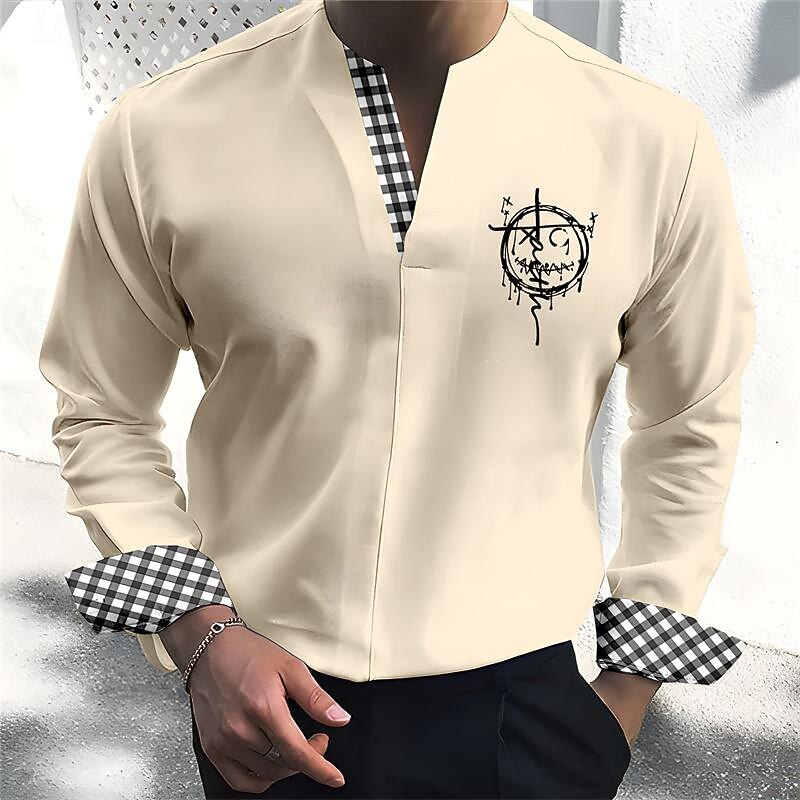 Men's Shirt Summer Shirt Casual Shirt Green khaki Long Sleeve Plaid Color Block V Neck Holiday Vacation Patchwork Clothing Apparel Fashion Chinese Style Casual Comfortable2