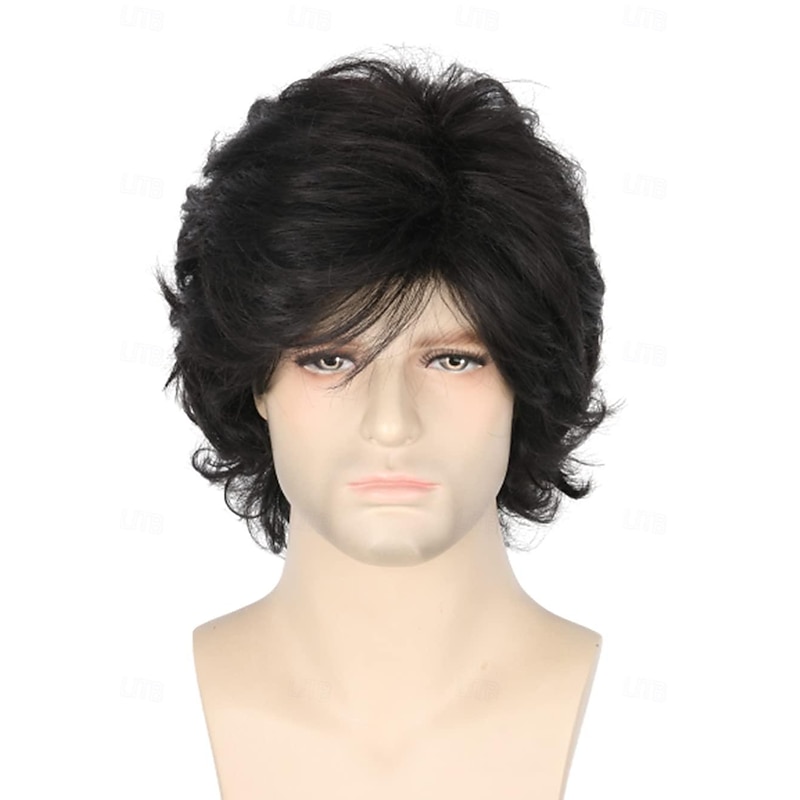 70s Men's Wig Black Short Wavy Puffy Wig Cosplay Carnival Costume Character Wig Halloween Wigs