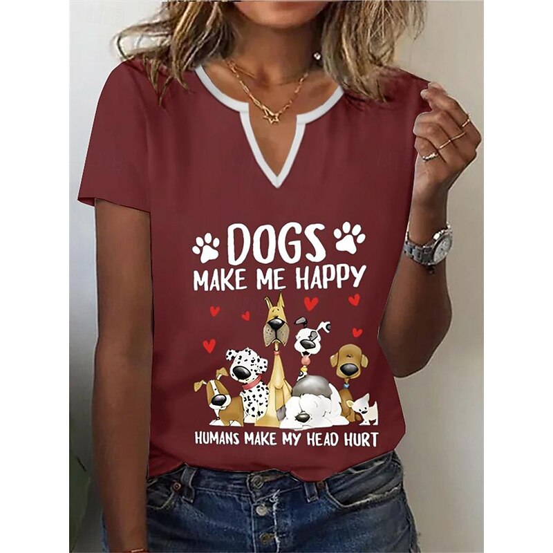 Women's T Shirt Henley Shirt Basic Dog Letter Print Short Sleeve Regular Tops Round Neck Daily Weekend Black White Red2