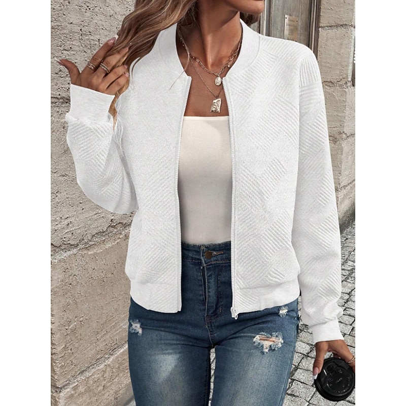 Women's Casual Jacket Outdoor Street Daily Fall Winter Regular Coat Regular Fit Windproof Warm Breathable Stylish Contemporary Casual Jacket Long Sleeve Plain Full Zip Black White Gray